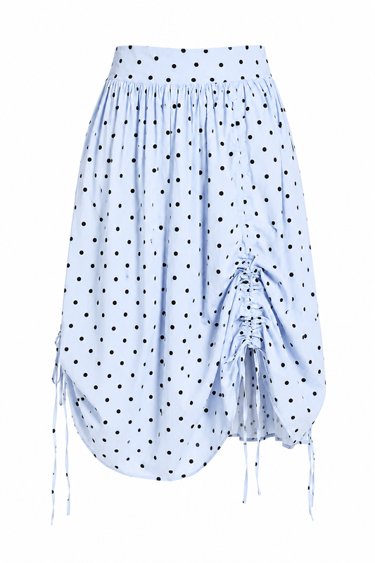 Balloon Drawstring Midi Skirt - Light Blue Polka Dot