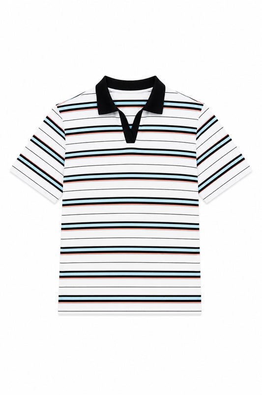 Classic Rib Striped Polo T Shirt-Cream & Black