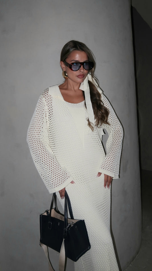 שמלת סריג 2 חלקים מחורר | שמנת