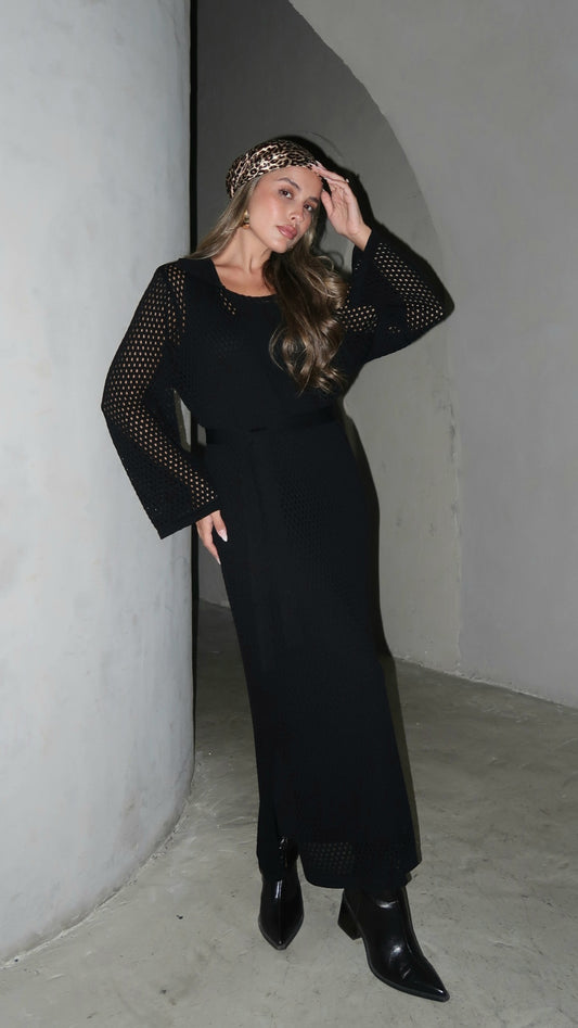 שמלת סריג 2 חלקים מחורר | שחור