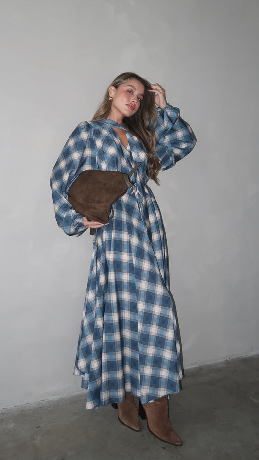 שמלת קלוש עניבה קארינה משבצות | בז/כחול