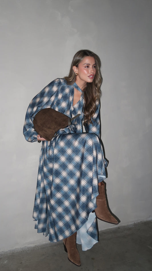 שמלת קלוש עניבה קארינה משבצות | בז/כחול