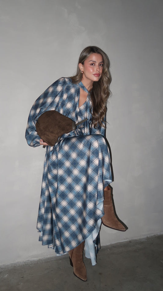 שמלת קלוש עניבה קארינה משבצות | בז/כחול