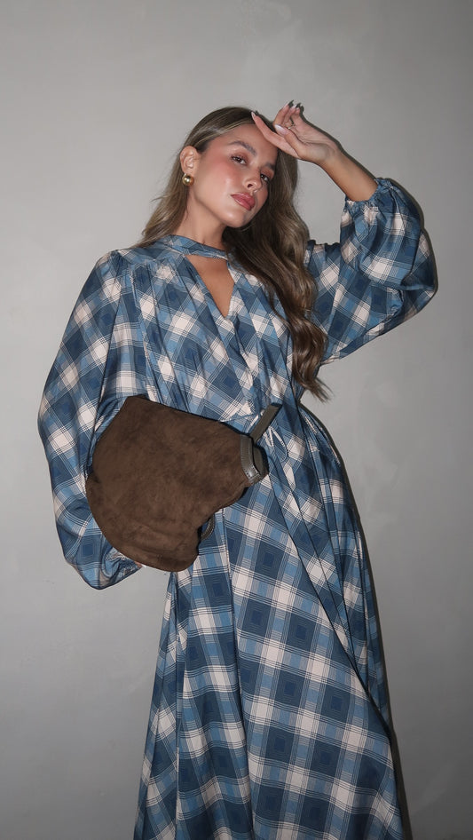 שמלת קלוש עניבה קארינה משבצות | בז/כחול