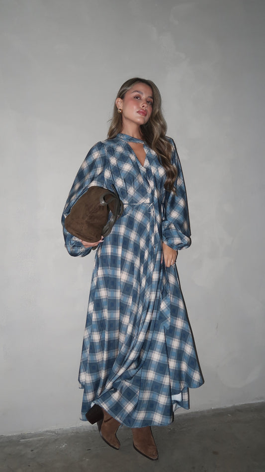 שמלת קלוש עניבה קארינה משבצות | בז/כחול