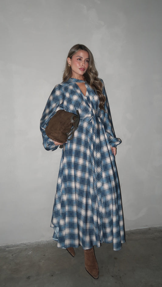 שמלת קלוש עניבה קארינה משבצות | בז/כחול