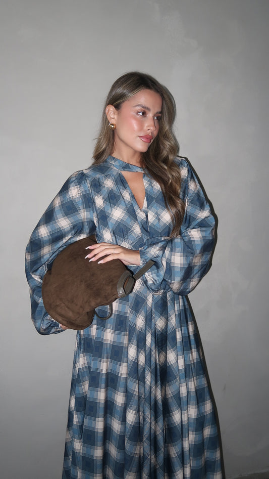 שמלת קלוש עניבה קארינה משבצות | בז/כחול