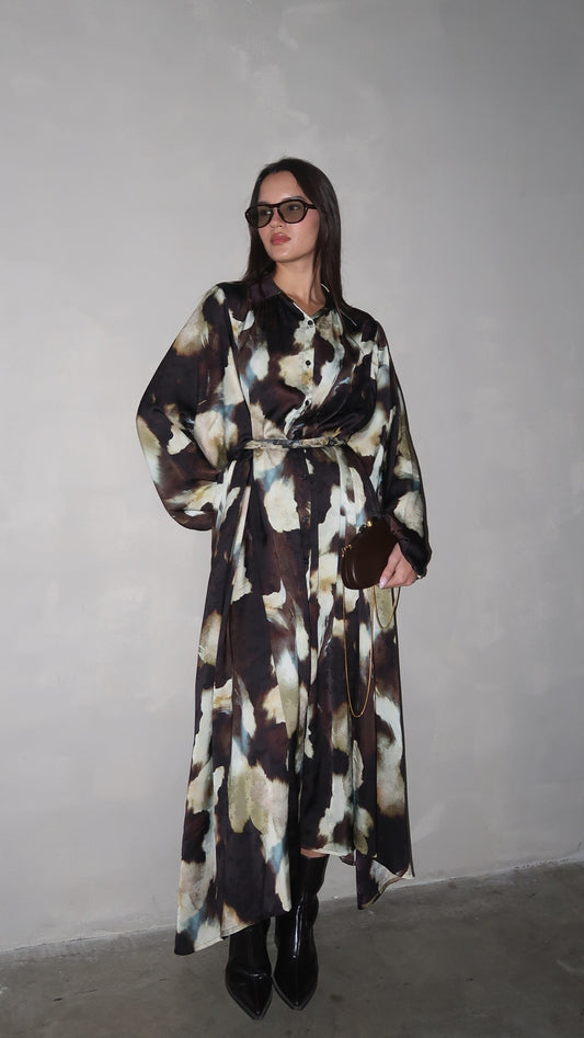 שמלת מקסי אוברסייז כפתורים ניקולה | חום/בז