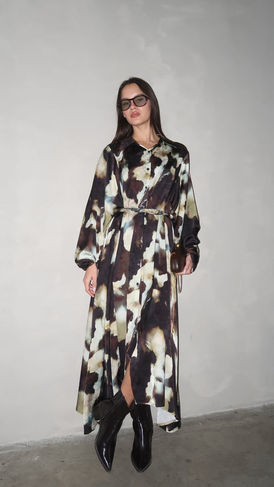 שמלת מקסי אוברסייז כפתורים ניקולה | חום/בז