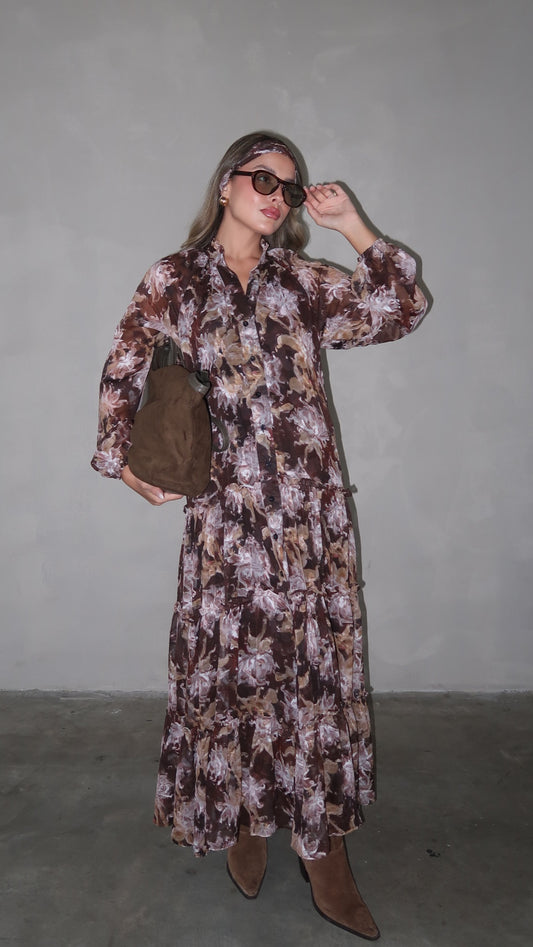 שמלת שיפון קלוש קומות פלווארס נויה | חום