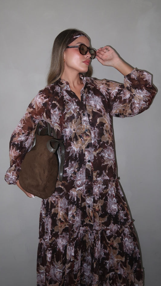 שמלת שיפון קלוש קומות פלווארס נויה | חום