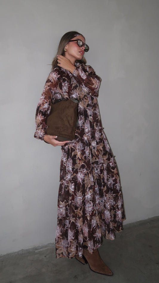 שמלת שיפון קלוש קומות פלווארס נויה | חום