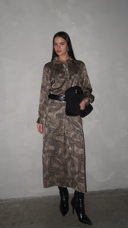 שמלת מקסי גלביה קלאסי מישל | חום/ירוק