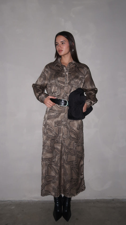 שמלת מקסי גלביה קלאסי מישל | חום/ירוק