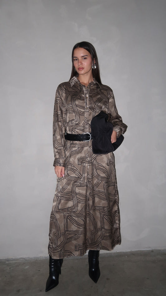 שמלת מקסי גלביה קלאסי מישל | חום/ירוק