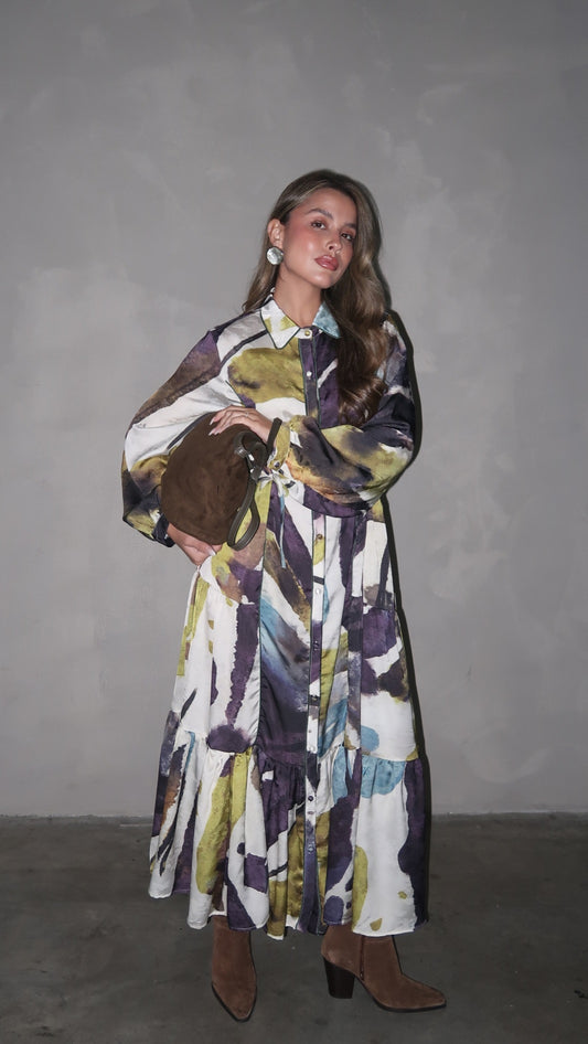 שמלת קלוש כפתורים טקסטורה אשלי | סגול/ירוק