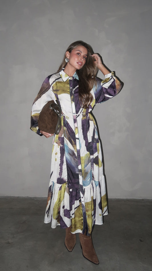 שמלת קלוש כפתורים טקסטורה אשלי | סגול/ירוק