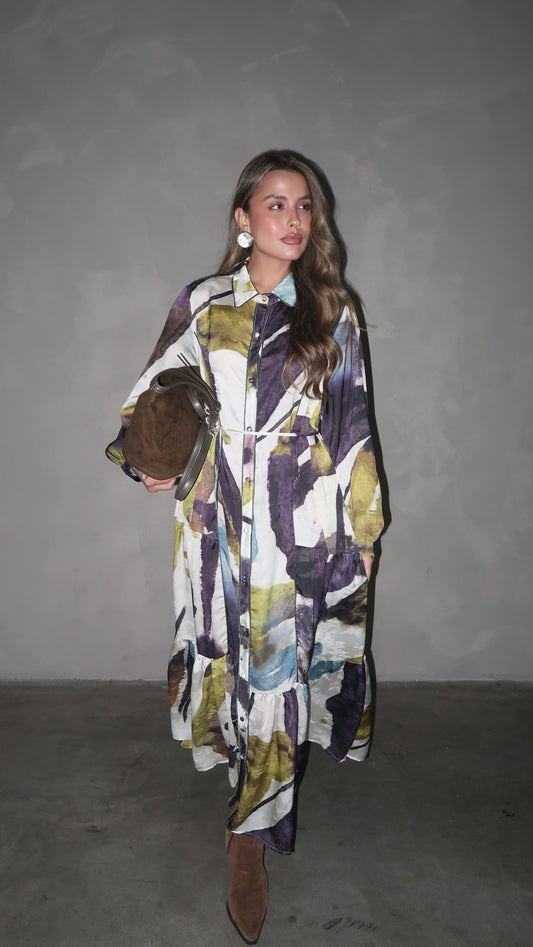 שמלת קלוש כפתורים טקסטורה אשלי | סגול/ירוק