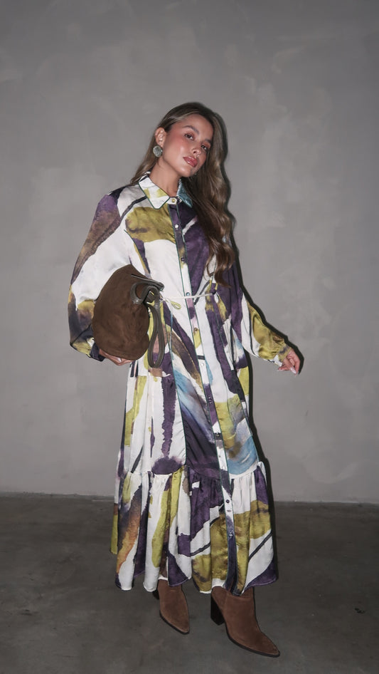 שמלת קלוש כפתורים טקסטורה אשלי | סגול/ירוק