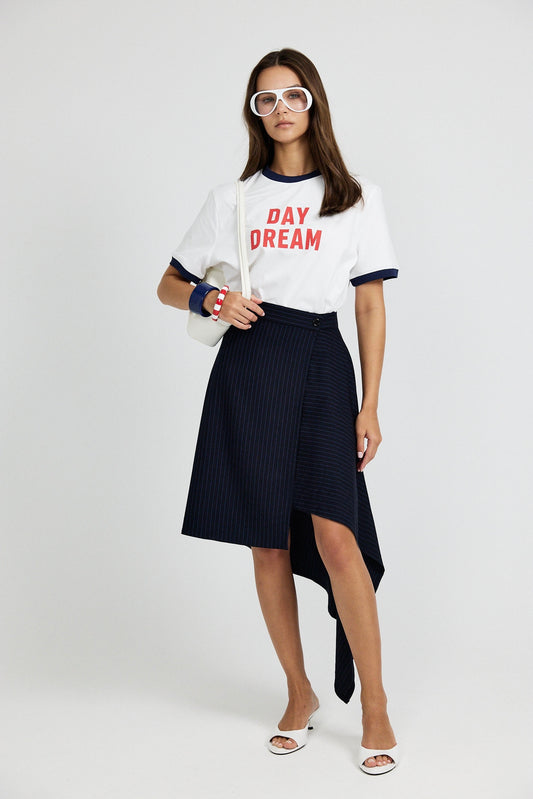 Pinstripe Asymmetric Wrap Skirt - Dark Navy