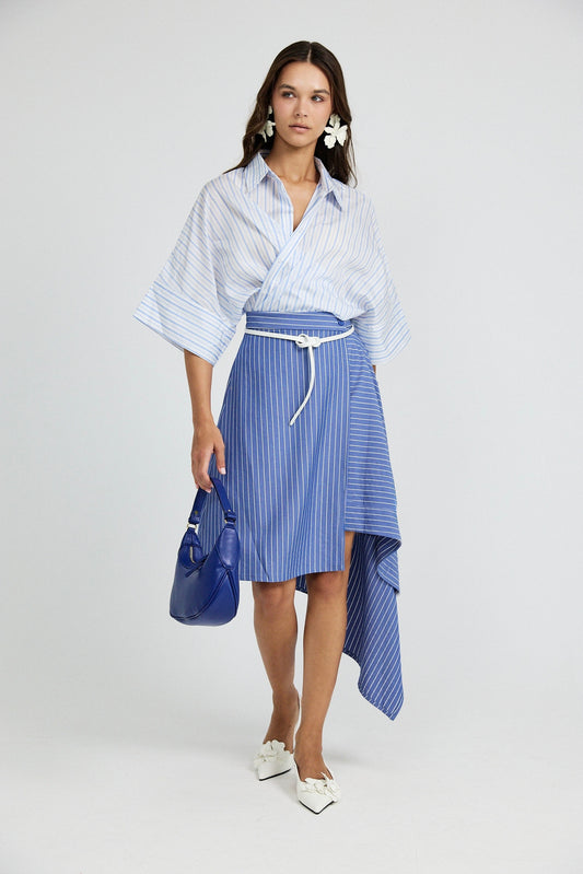 Monroe Oversized Batwing Stripe Shirt –White & Sky Blue