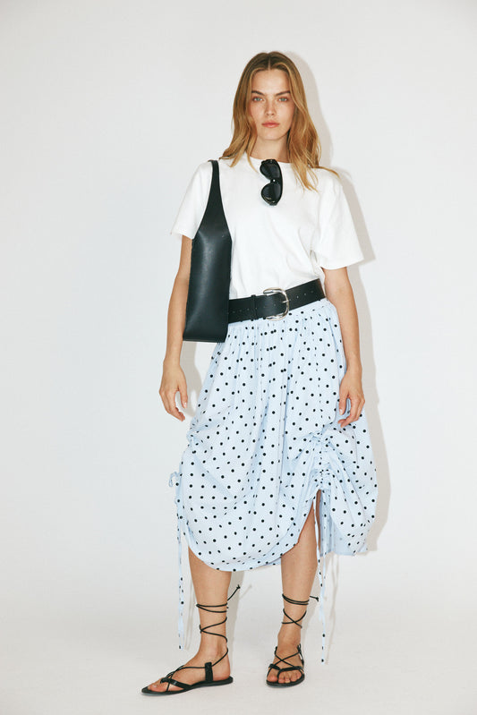 Balloon Drawstring Midi Skirt - Light Blue Polka Dot