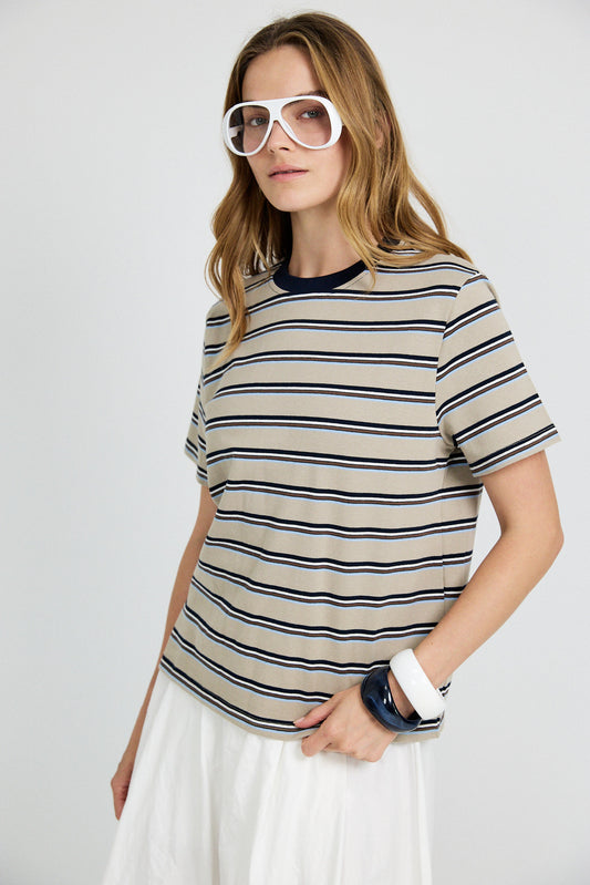 Classic Cotton Rib Striped T Shirt – beige-navy