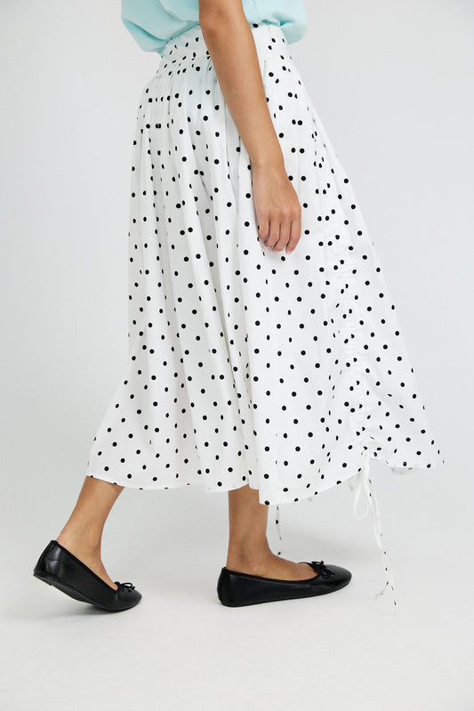Balloon Drawstring Midi Skirt - White Polka Dot
