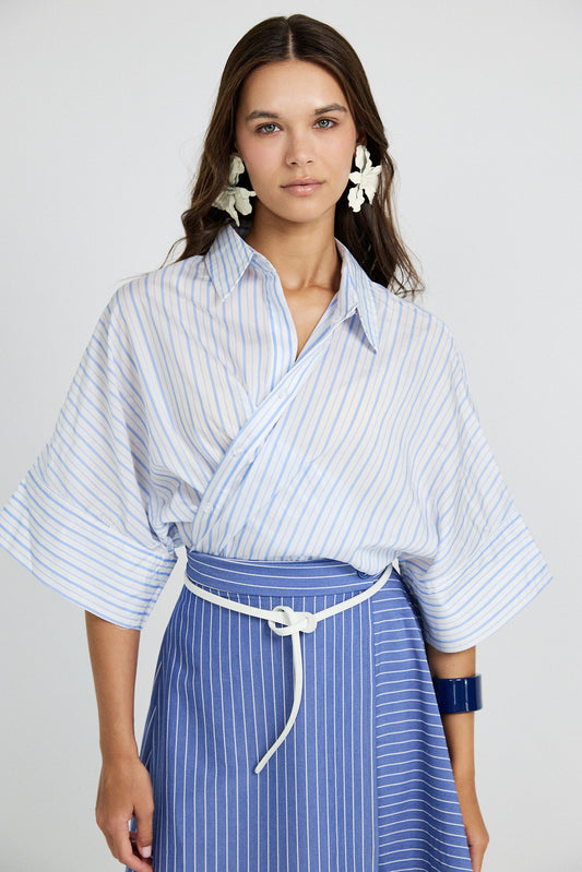 Monroe Oversized Batwing Stripe Shirt –White & Sky Blue