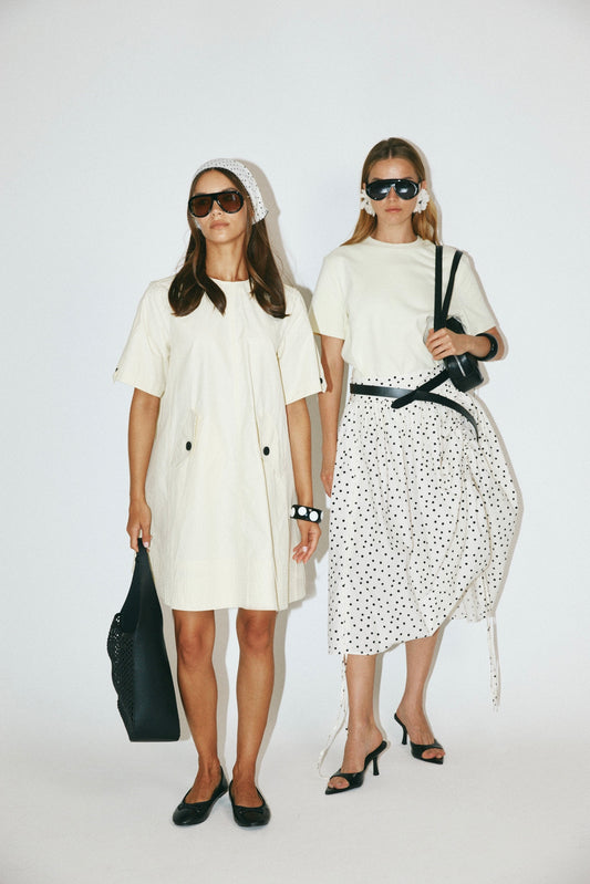 Balloon Drawstring Midi Skirt - Cream Polka Dot