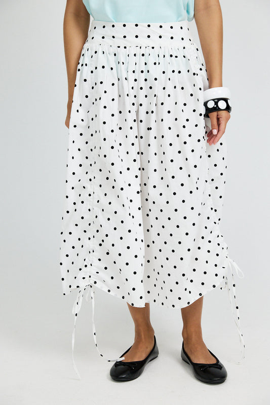 Balloon Drawstring Midi Skirt - White Polka Dot