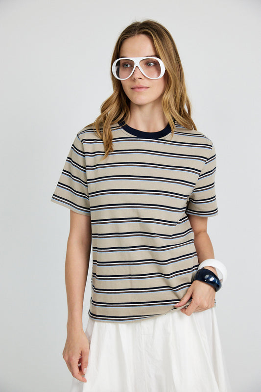 Classic Cotton Rib Striped T Shirt – beige-navy