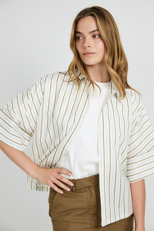 Monroe Oversized Batwing Stripe Shirt –Cream & Coffee