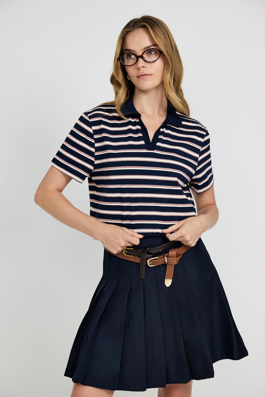 Classic Rib Striped Polo T Shirt-Navy & Cream
