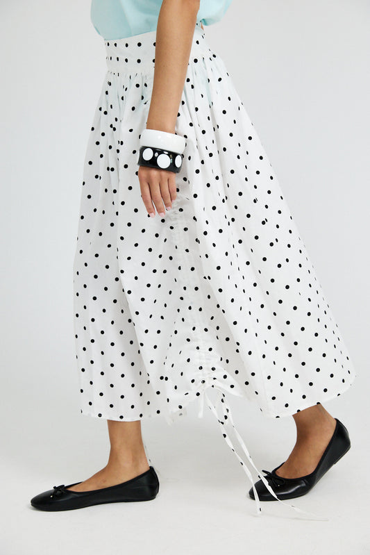 Balloon Drawstring Midi Skirt - White Polka Dot