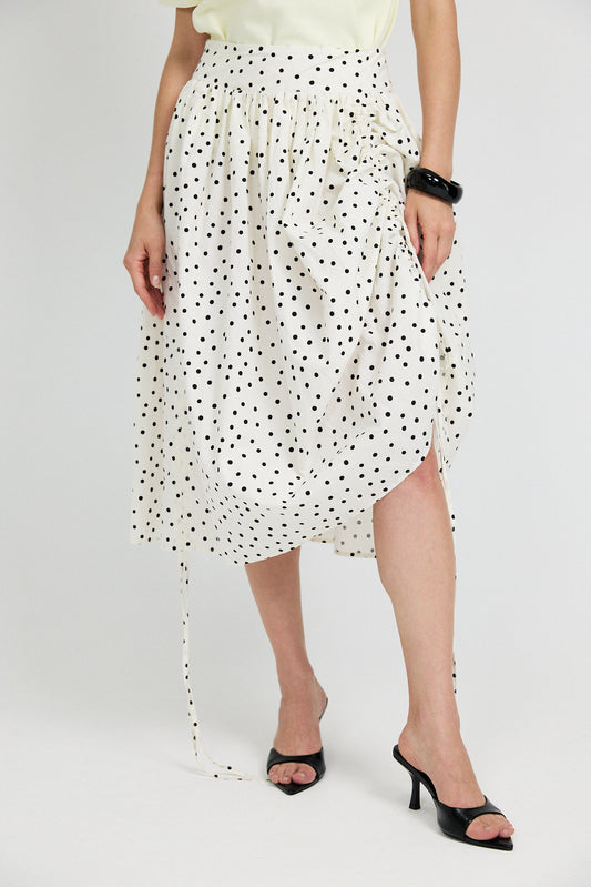 Balloon Drawstring Midi Skirt - Cream Polka Dot
