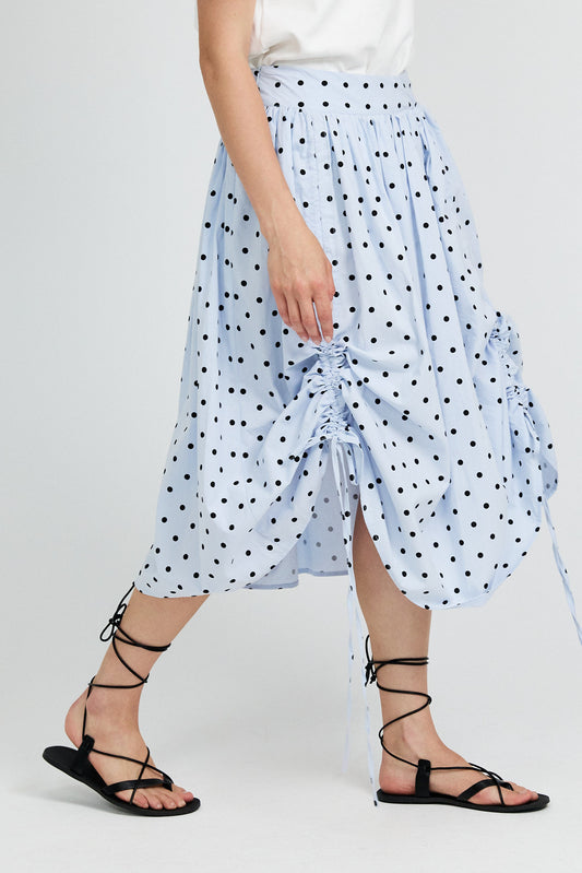 Balloon Drawstring Midi Skirt - Light Blue Polka Dot