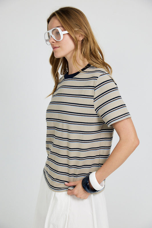 Classic Cotton Rib Striped T Shirt – beige-navy