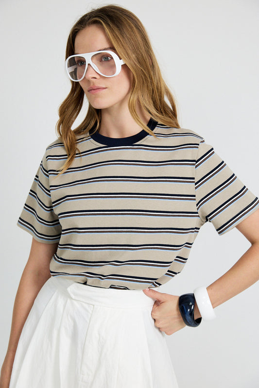 Classic Cotton Rib Striped T Shirt – beige-navy