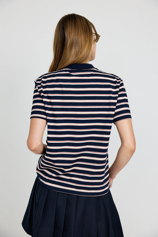 Classic Rib Striped Polo T Shirt-Navy & Cream