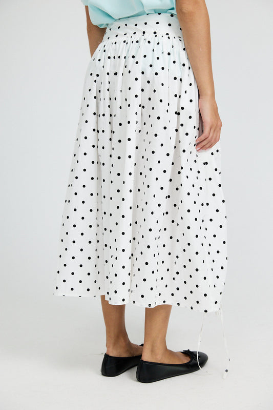 Balloon Drawstring Midi Skirt - White Polka Dot
