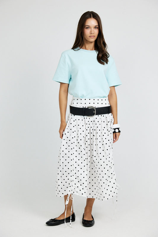 Balloon Drawstring Midi Skirt - White Polka Dot