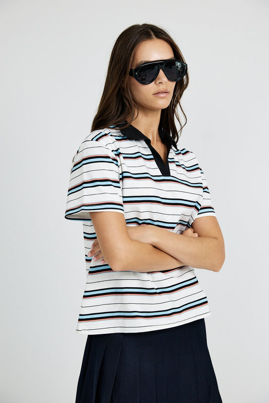 Classic Rib Striped Polo T Shirt-Cream & Black
