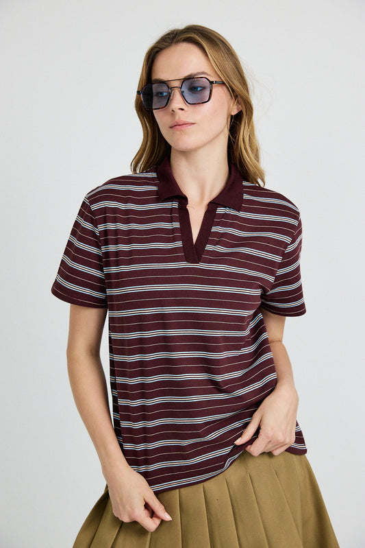 Classic Rib Striped Polo T Shirt-Brown & Sky Blue