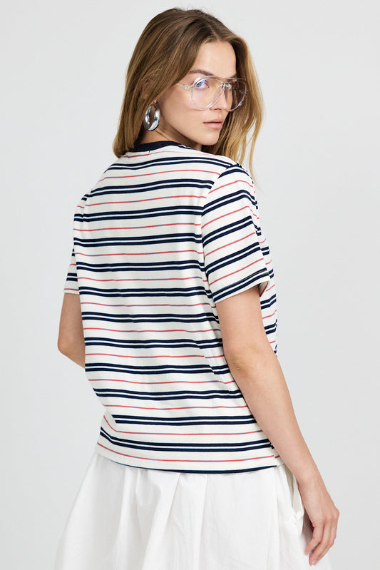 Classic Cotton Rib Striped T Shirt – cream-Navy