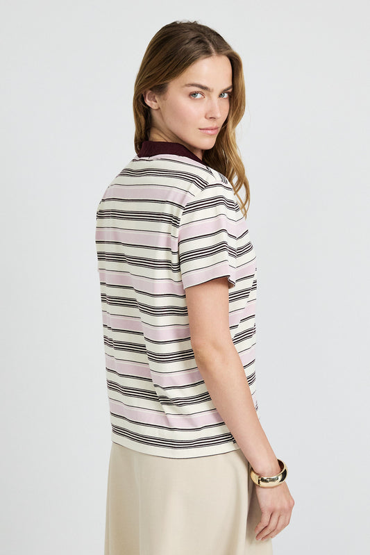 Classic Rib Striped Polo T Shirt-Cream & Brown