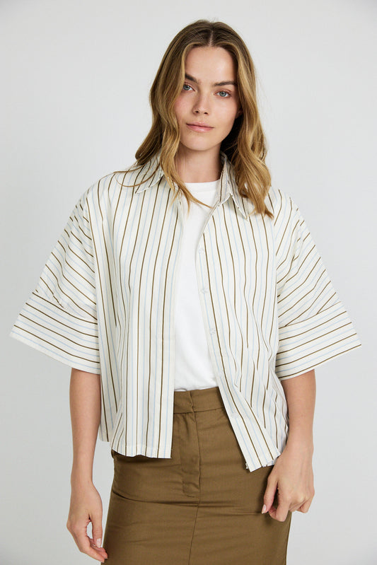 Monroe Oversized Batwing Stripe Shirt –Cream & Coffee