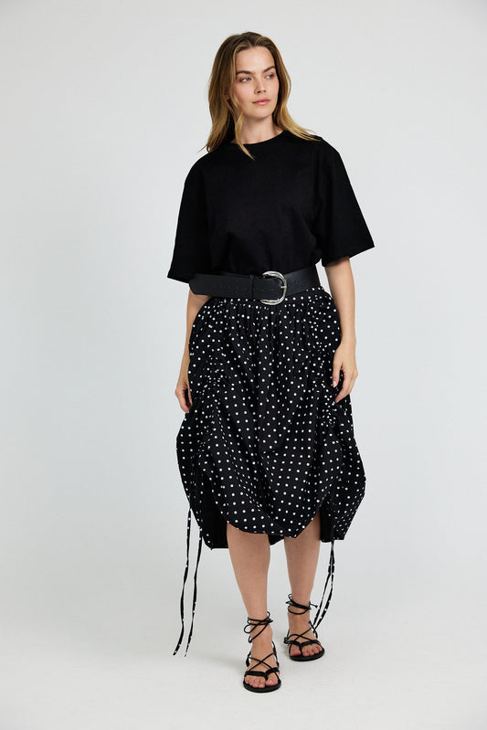 Balloon Drawstring Midi Skirt - Black Polka Dot