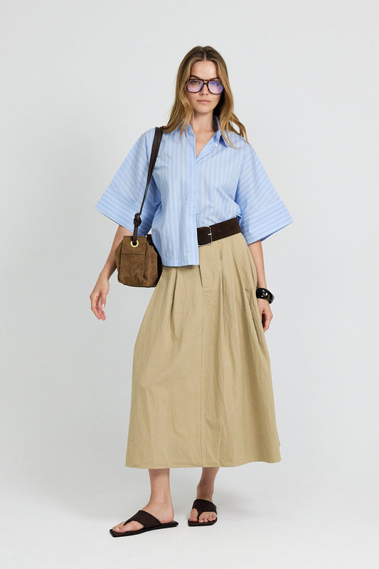 Classic Cotton A-Line Midi Skirt – Beige