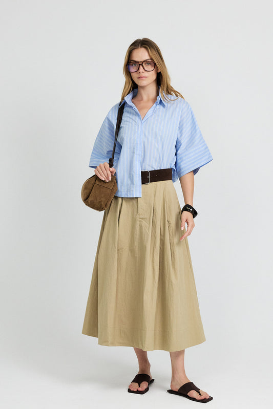 Classic Cotton A-Line Midi Skirt – Beige